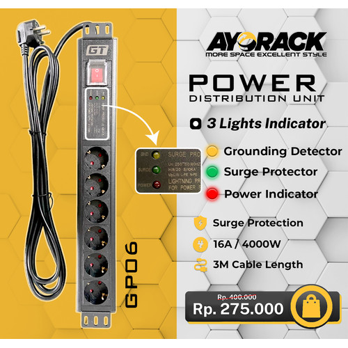 PDU 6 OUTLET 16A 4000W PDU GT RACK GP06 GERMANY OUTLET - STOP KONTAK COLOKAN LISTRIK MEJA KANTOR DAPUR RUMAH KAMAR KABEL 3 METER POWER DISTRIBUTION UNIT 6 LUBANG