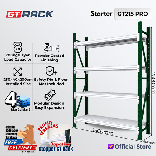 RAK GUDANG BESI GT RACK GT215 PRO - 200KG 4 SUSUN 2.5 METER LEBAR 40CM