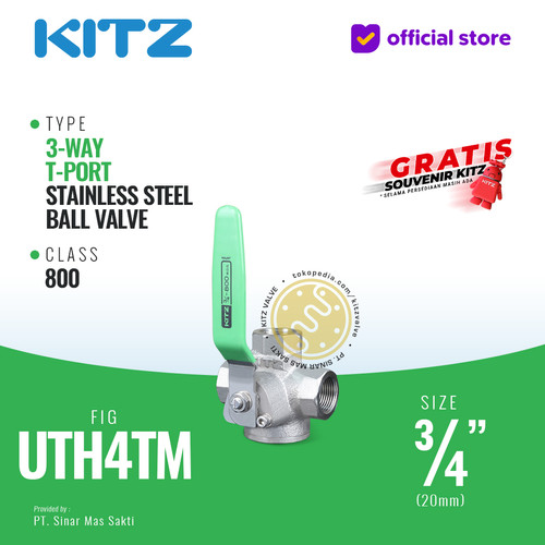 3-Way Ball Valve SUS KITZ Fig. UTH4TM , 3/4" - 20mm, Drat / Screw