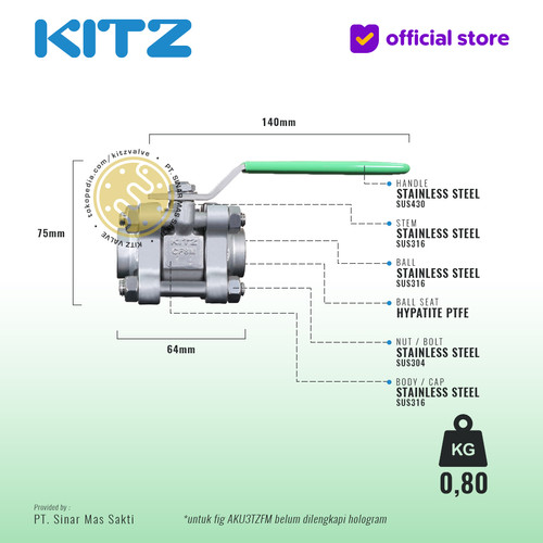 Ball Valve 3-Piece SUS316 KITZ Fig. 1000 AKU3TZFM , Drat / Screw NPT