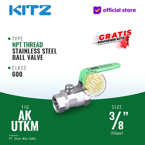 Ball Valve NPT SUS KITZ Fig. 600 AKUTKM , 3/8" - 10mm , Drat Kasar