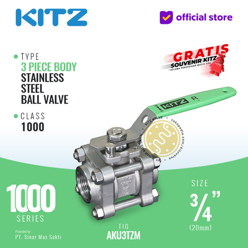 KITZ 3-Piece SUS Ball Valve Fig. 1000 AKU3TZM , 3/4" - 20mm, Drat NPT