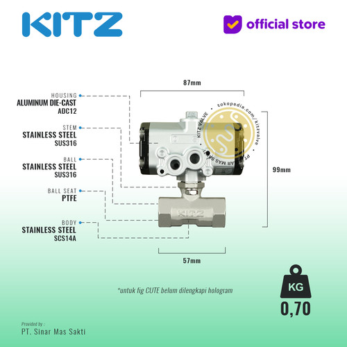 Ball Valve Pneumatic SUS316 KITZ Fig. C-UTE , Drat / Screw