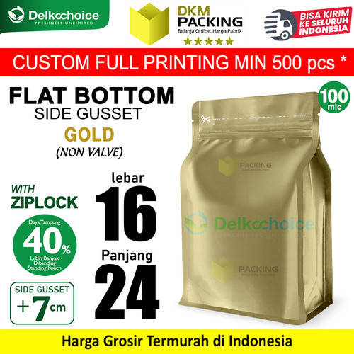 Flat Bottom Gold Plastik Klip Standing Pouch Ziplock Kemasan Makanan