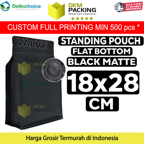 Flat Bottom VALVE 18x28cm Hitam Standing Pouch Ziplock Plastik Klip