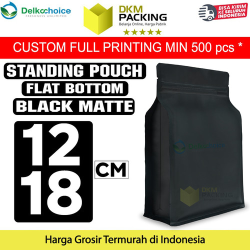 Flat Bottom Hitam 12x18cm Plastik Klip Standing Pouch Ziplock Kemasan