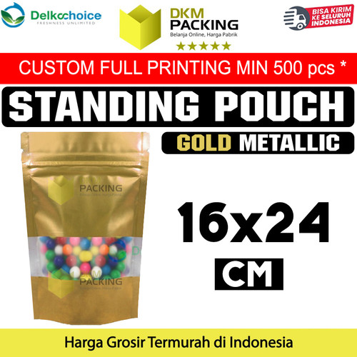 Standing Pouch 16x24 Window Ziplock Gold Plastik Klip Sealer Makanan