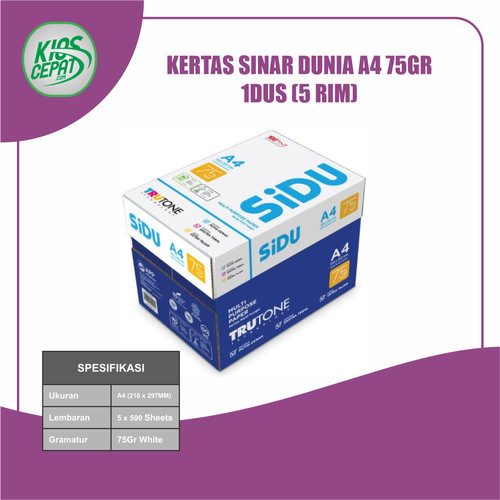 Kertas Sinar Dunia A4 75gr (Kertas HVS SiDu) 1 DUS = 5 RIM