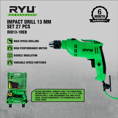 IMPACT DRILL 13 MM SET 27 PCS - MESIN BOR SET RYU 13 MM