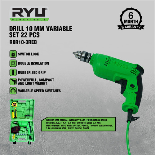 DRILL 10 MM VARIABLE SET 22 PCS - MESIN BOR SET RYU 10 MM