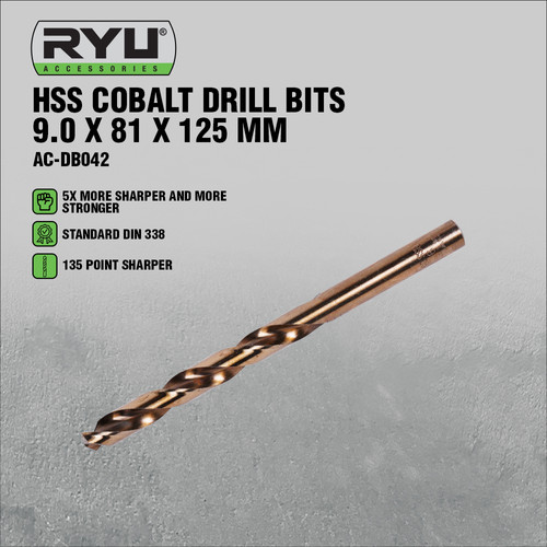 RYU HSS COBALT DRILL BITS 9.0 X 81 X 125 MM - MATA BOR BESI/STAINLESS