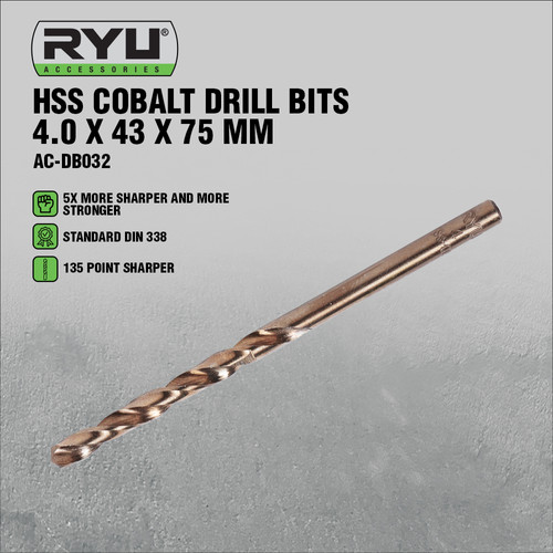 RYU HSS COBALT DRILL BITS 4.0 X 43 X 75 MM - MATA BOR BESI/STAINLESS