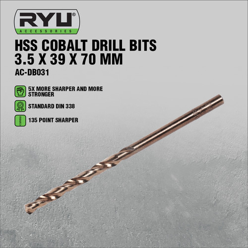 RYU HSS COBALT DRILL BITS 3.5 X 39 X 70 MM - MATA BOR BESI/STAINLESS