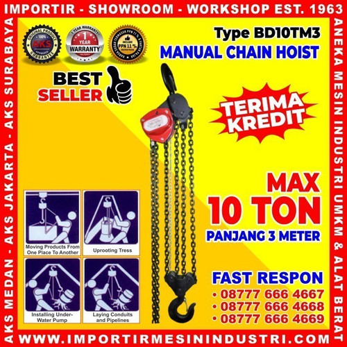 Manual Takel 10 Ton / 1000 Kg 3 meter Manual Chain Hoist AKS- BD10TM3