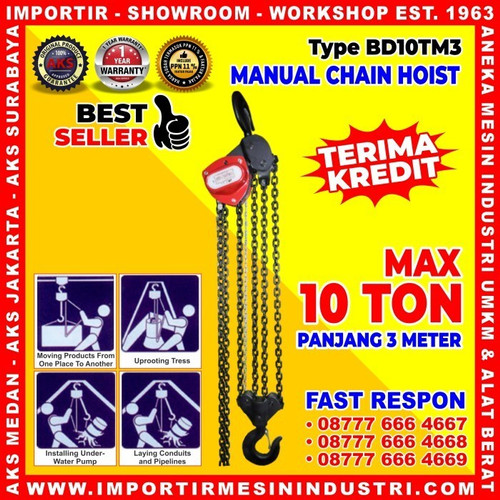 Manual Takel 10 Ton Panjang 3 meter Manual Chain Hoist - BD10TM3