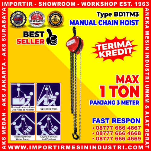 Mesin Manual Katrol Tali Takel 1 Ton x 3 meter Chain Hoist - BD1TM3