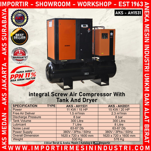 Integral Screw Air Compressor With Dry Kompresor Udara 11 Kw 300 Liter