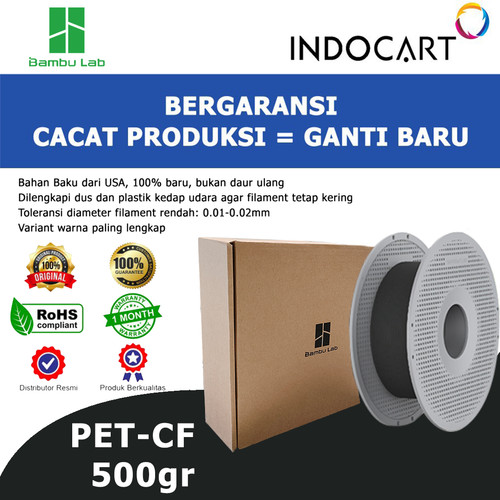 INDOCART Tinta Filamen 3D Printer BambuLab PET CF 1.75mm 500gr-Black