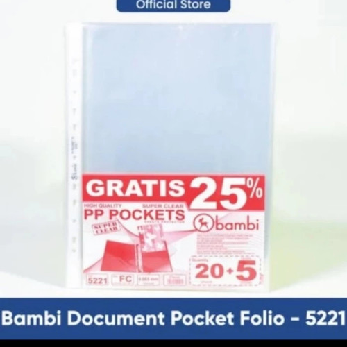 map plastik/ pp pocket folio, F4 bambi 5221/ 1pak 20 shet