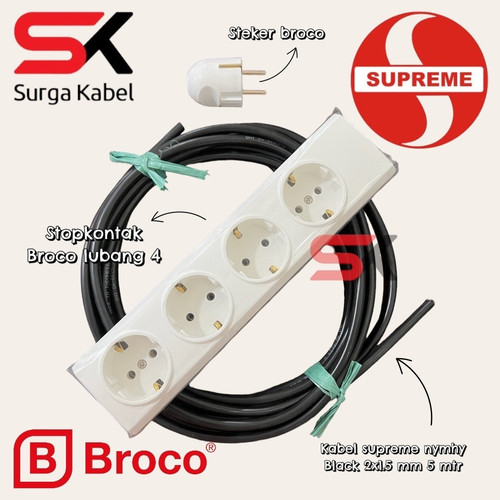 PAKET stopkontak & steker BROCO + kabel NYYHY 2x1.5 SUPREME 5 meter