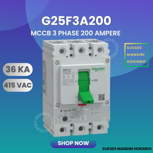 MCCB 3 Phase 200 Ampere 3P 200A Circuit Breaker 3 Pas 200 Amper Gopact 36kA G25F3A200 Schneider Original SNI