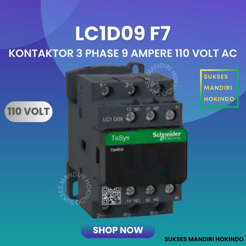 Kontaktor 3P 9A 3 Phase 9 Ampere Coil 110Volt AC 3 Pas 9 Amper Contactor Schneider LC1D09F7 110 VOLT Original SNI