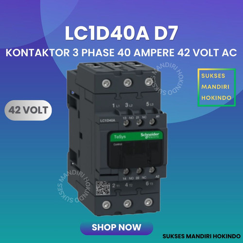 Kontaktor 3P 40A 3 Phase 40 Ampere Coil 42Volt AC 3 Pas 40 Amper Contactor Schneider LC1D40AD7 42 VOLT Original SNI