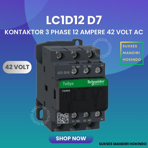 Kontaktor 3P 12A 3 Phase 12 Ampere Coil 42Volt AC 3 Pas 12 Amper Contactor Schneider LC1D12D7 42 VOLT Original SNI