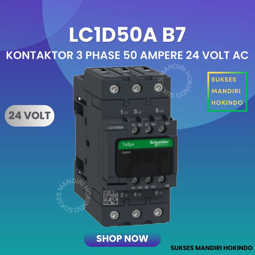 Kontaktor 3P 50A 3 Phase 50 Ampere Coil 24Volt AC 3 Pas 50 Amper Contactor Schneider LC1D50AB7 24 VOLT Original SNI