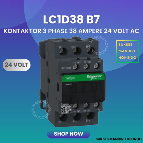 Kontaktor 3P 38A 3 Phase 38 Ampere Coil 24Volt AC 3 Pas 38 Amper Contactor Schneider LC1D38B7 24 VOLT Original SNI