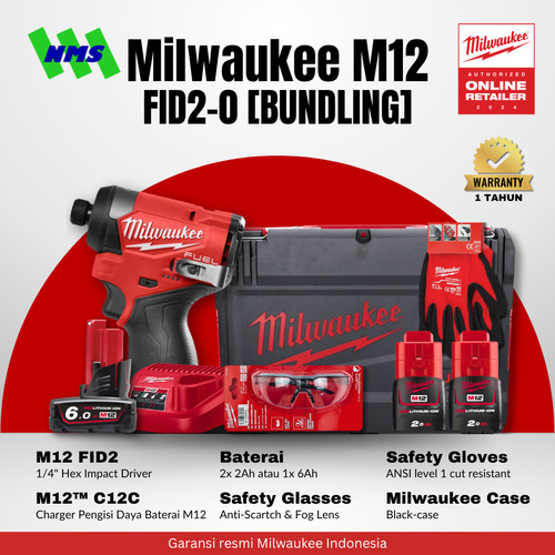 Mesin Obeng Bor Milwaukee M12 FID2-0 Hex 1/4" Compact Impact Driver 3600 rpm 170Nm Generasi 3 - Special Bundling Fullset Baterai Charger Siap Pakai