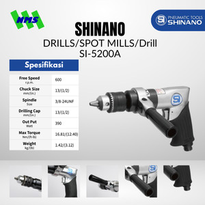 Mesin Bor Angin Shinano SI-5200A 1/2" Air Drill Chuck 13mm 600 rpm Torsi 16.81 Nm