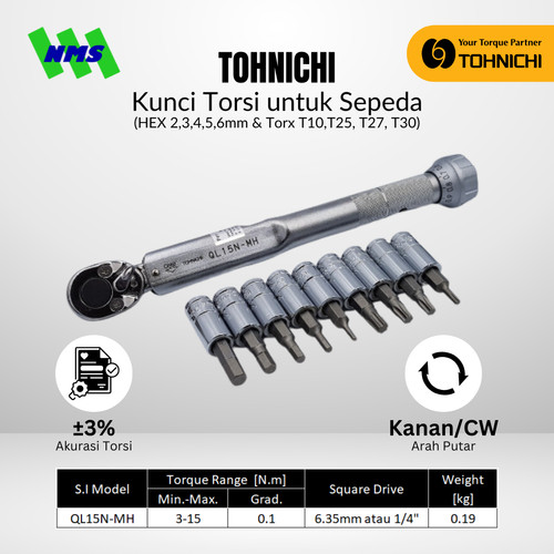 Kunci Torsi Tohnichi QL15N-MH 3-15Nm Bundling untuk Sepeda Socket Bintang & L