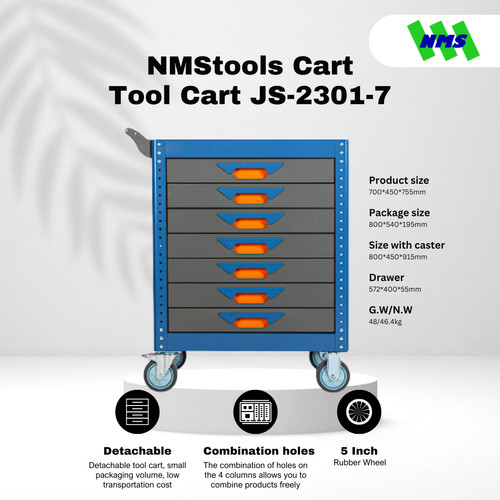 Troli Bengkel 7-Drawer Tool Trolley NMStools CART JS-2301-7 Blue & Grey - Box Kunci Dorong Susun 7 Lantai Trolli Troly