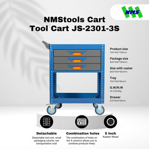 Troli Bengkel 3-Drawer Tool Trolley NMStools CART JS-2301-3S Blue & Grey Box Kunci Dorong Susun Trolli Troly