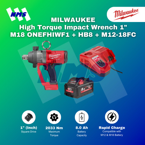 Pengencang Baut Milwaukee M18 ONEFHIWF1-0X + Baterai HB8 8Ah + Charger M12-18FC Rapid Charge 1” High Torque Impact Wrench 2440Nm Hingga Ulir M42