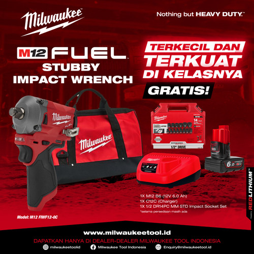 Mesin Impek Milwaukee M12 FIWF12 FUEL 1/2" Stubby Impact Wrench Bundling Baterai 6Ah - Charger - Tas - Kunci Impact Socket 10-27mm