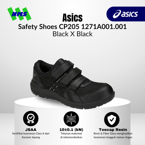 Sepatu Safety Asics Winjob CP205 Black x Black Hitam Original Velcro Non Tali Low Cut