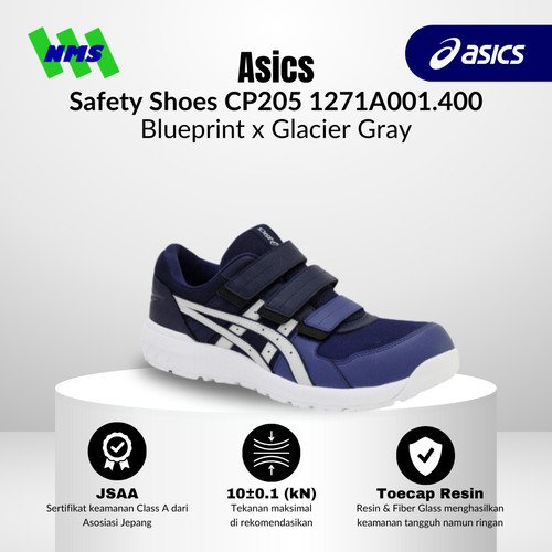 Sepatu Safety Asics Winjob CP205 Blueprint x Glacier Gray Biru Original Velcro Non Tali Low Cut Sneakers Kerja