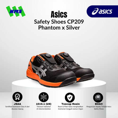 Sepatu Safety Asics Winjob CP209 BOA Phantom x Silver Hitam Original Non Tali Low Cut