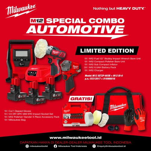 Milwaukee M12 FIWF12-0C BPS-0 BI-0 Automotive Combo Impact Wrench + Polisher + Inflator - Mesin Poles Pompa Pengencang Baut Termasuk Baterai Charger DLL