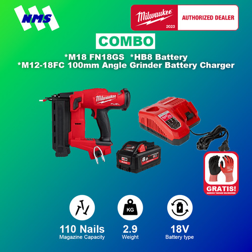 Mesin Paku Milwaukee M18 FN18GS + HB8 + M12-18FC 18 Gauge Brad Nailer