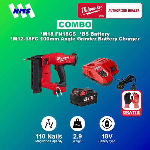 Mesin Paku Milwaukee M18 FN18GS + B5 + M12-18FC 18 Gauge Brad Nailer