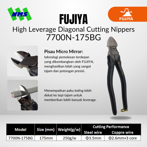 FUJIYA 7700N-175BG High Leverage Diagonal Cutting Nippers Kurokin Jpn