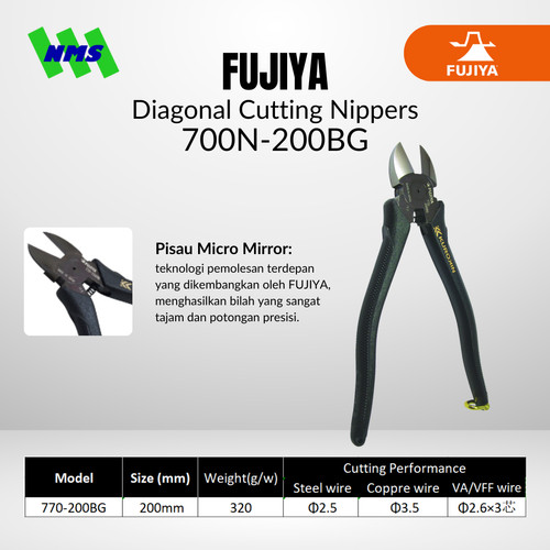 FUJIYA 700N-200BG High Leverage Diagonal Cutting Nipper Kurokin Japan