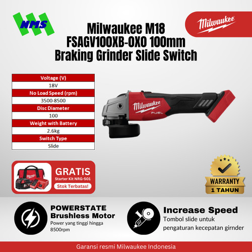 Mesin Gerinda Milwaukee M18 FSAGV100XB-0X0 FUEL™ 100mm Braking Grinder Slide Switch 4 Inci Rapid Stop