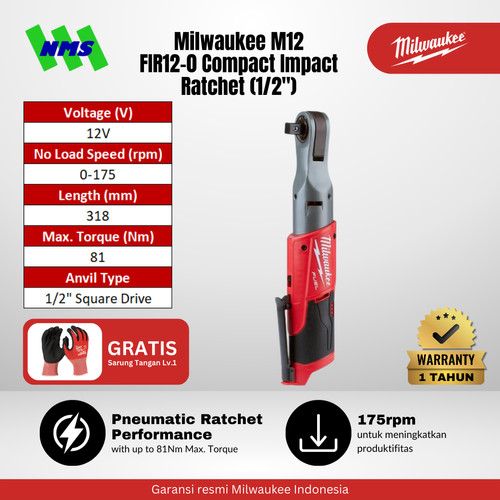 Milwaukee M12 FIR12-0 FUEL 1/2" Cordless Impact Ratchet 12V Mesin Pengencangan Baut