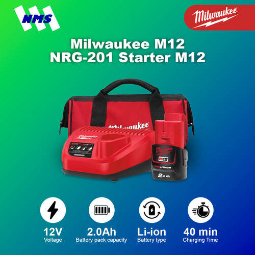 Milwaukee M12 NRG-201 Starter Kit Charger C12C & Baterai M12B2 for M12