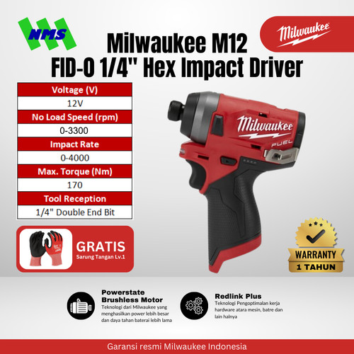 Obeng Cordless Milwaukee M12 FID-0 FUEL HEX 1/4" Impact Driver 12V