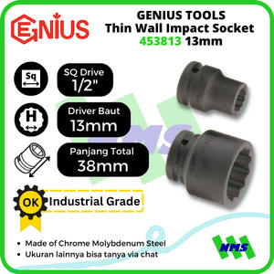 Mata Sok Thin Wall Impact Socket 1/2 Inch 12pt 13mm 453813 GENIUS